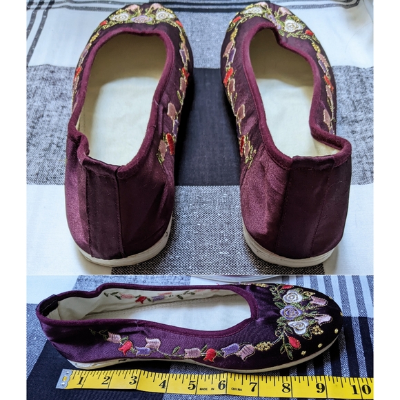 Sold🔴 NWOT silk embroidered Japanese floral rosette maroon ballet Slippers sz 8 - Picture 3 of 5